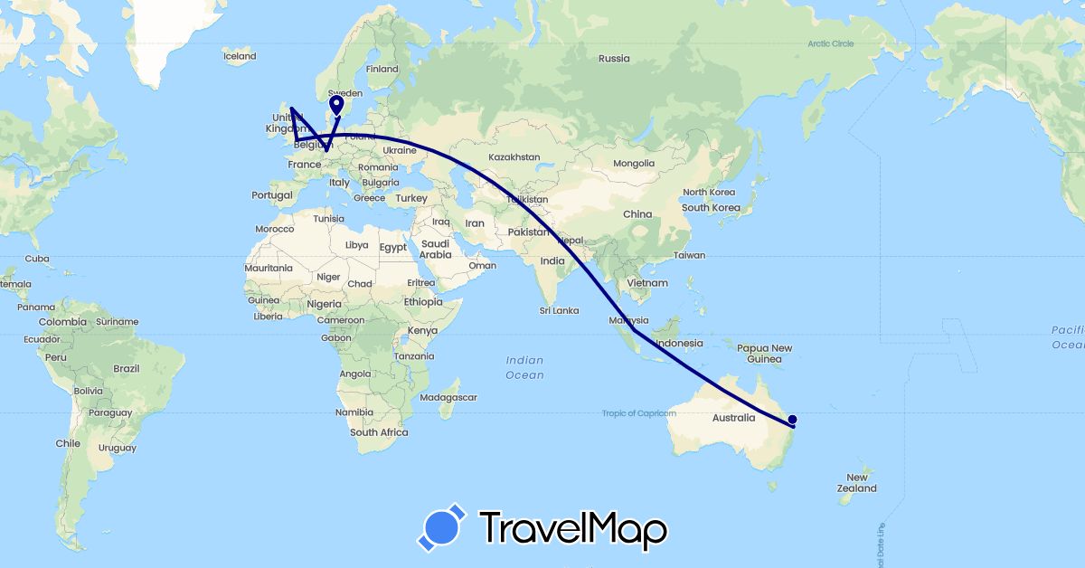 TravelMap itinerary: driving in Australia, Germany, Denmark, United Kingdom, Singapore (Asia, Europe, Oceania)